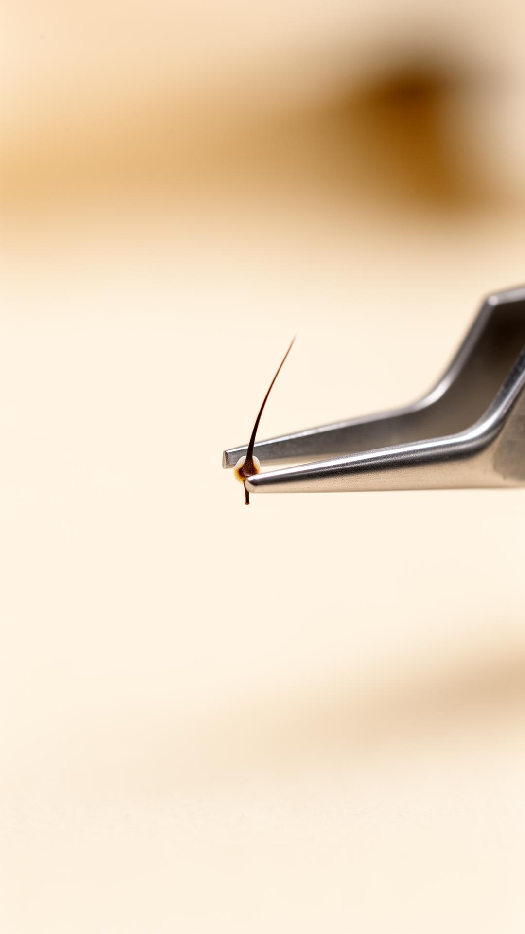 Macro detail of a single follicular unit held by a precision instrument